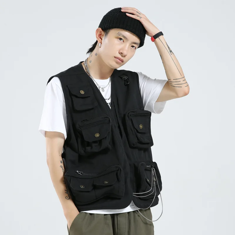 Men's Multi Pockets Functional Vest Cotton Women's Streetwear Hiking Fishing Military Waistcoat Cargo Tooling Sleeveless Jackets