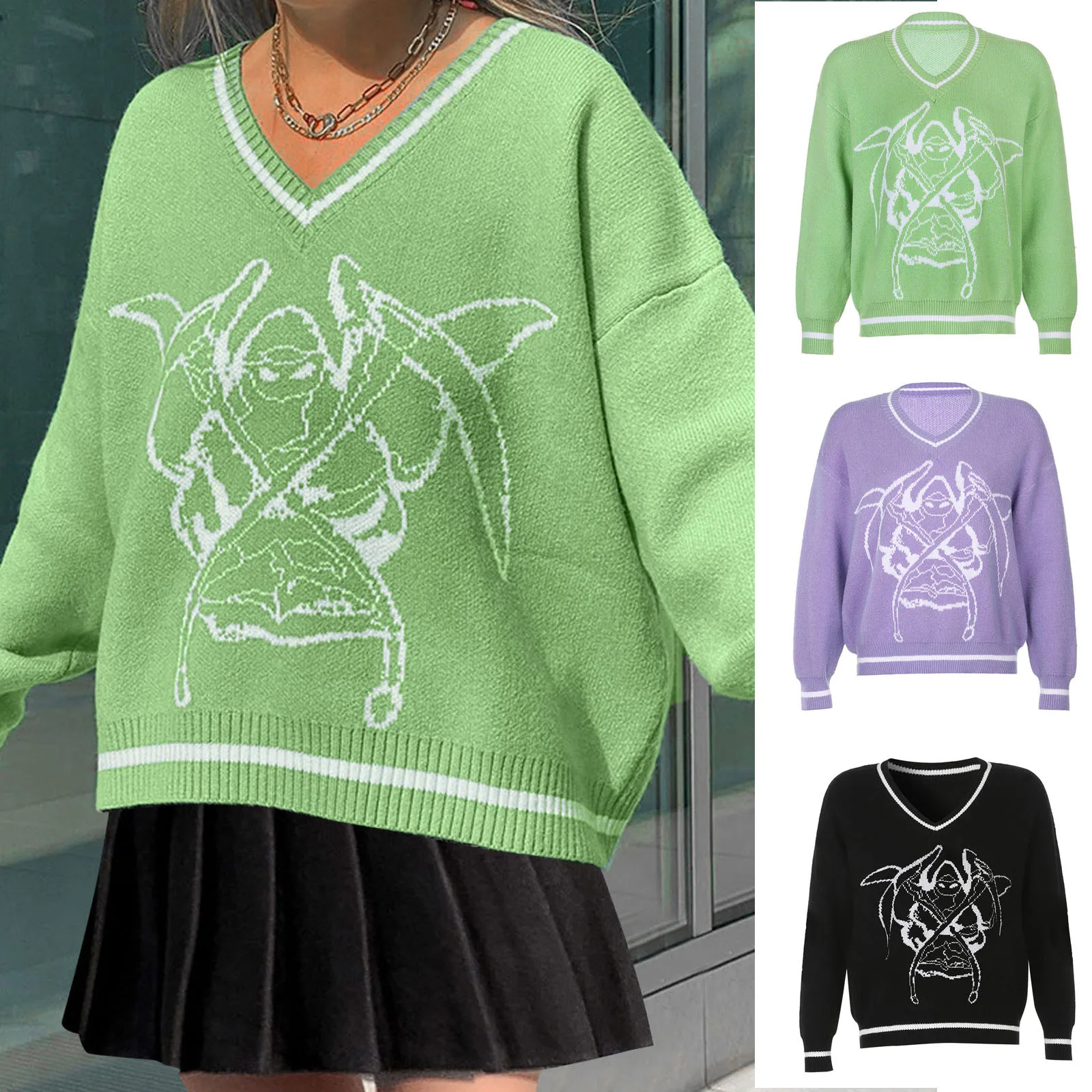 Women's Sexy V-neck Loose And Versatile Printed Long Sleeve Sweater Loose Short Sleeve Women Shirt Anime Print Cotton Casual 1