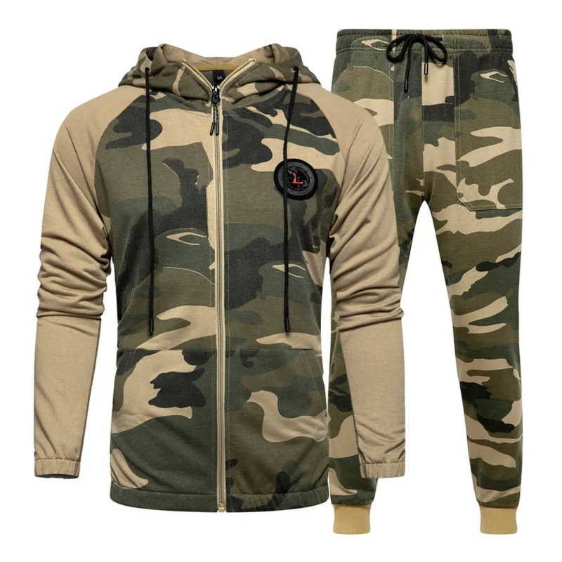 

New Brand Men's Spring Autumn Men Sportswear 2 Pc Set Sporting Camouflage Training Suit + Pants Sweatsuit Male Hooded Tracksuit