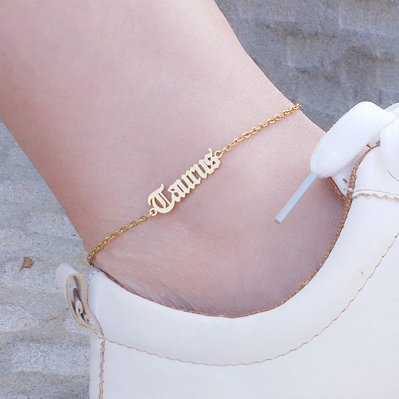 12 Constellation Old English Letter Zodiac Charm Anklet Stainless Steel Gold Initial Ankle Bracelet for Women Foot Jewelry boho 12 Constellation Old English Letter Zodiac Charm Anklet Stainless Steel Gold Initial Ankle Bracelet for Women Foot Jewelry boho