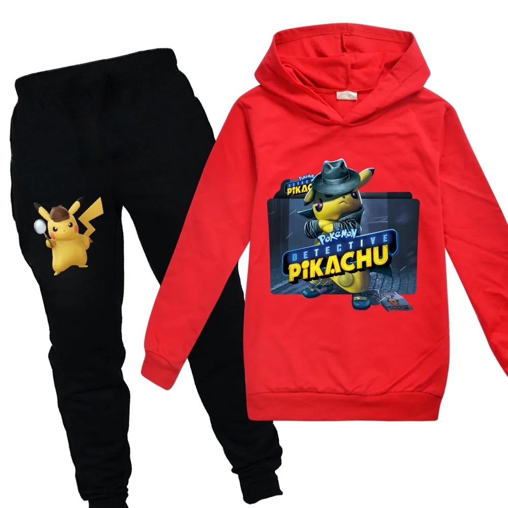 POKEMON GO Detective Pikachu/детская одежда для мальчиков и девочек осенний Свитшот комплект из 2 предметов, хлопковые спортивные толстовки с длинными рукавами и рисунком, Комплект футболок - Цвет: 990red-set