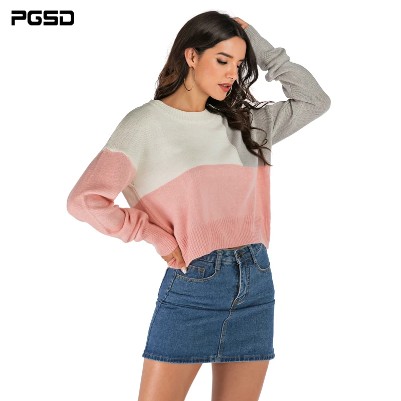 

PGSD Autumn winter colour Stitching knitted women sweater loose O-Neck Long sleeves clothes female Warm Casual Short Pullover
