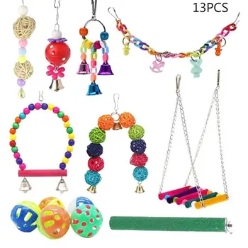 

13Pcs Parrot Swing Wooden Perch Chewing Rattan Ball Hanging Bell Bird Cage Toys