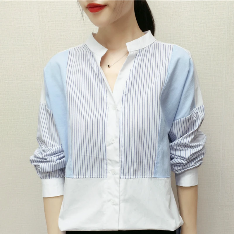 Blusas mujer de moda, женские офисные топы с v-образным вырезом, блузка, женская шифоновая блузка в полоску с длинным рукавом, женские рубашки, женские топы C377