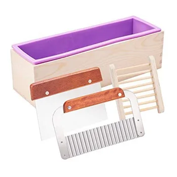 

Soap Mold, Rectangle Silicone Mold with Wood Box Straight Cutter Wavy Cutter Wooden Soap Dish for Soap Making