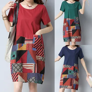 

New 2020 Robe Femme summer Dress Women Casual Cotton Linen o Neck Short Sleeve Loose Print Dress Vestidos in stock