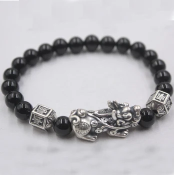 

Real S925 Silver Chain Women Man's Luck Pixiu Round Retro Bead Balck Agate 8mm Lucky Bracelet Jewelry 6.5-7.5inchL