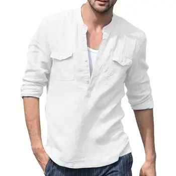 

Men Solid Color Patch Buttons V Neck Long Sleeve Shirt Cotton Linen Top