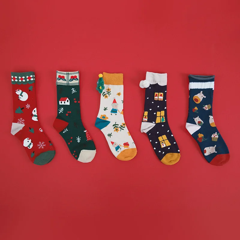 Праздничные рождественские носки; 5 пар в партии; хлопковые носки высокого качества с объемным рисунком; рождественские подарки