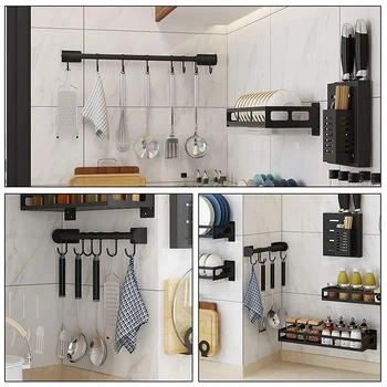 

16 Inch Hanger Hook Up Wall Mounted Detachable Pans Hanging Rail Kitchen Kids Utensils Hanger With 5x S Hooks Black