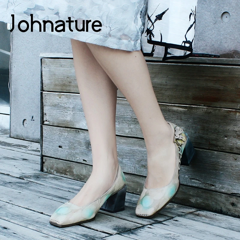 

Johnature Pumps Women Shoes 2020 New Spring Retro Flower Genuine Leather Slip-on Casual Square Toe Handmade Hollow Ladies Shoes