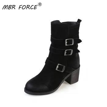

MBR FORCE autumn and winter ladies fashion casual punk round toe zipper buckle decorative high heels black brown short boots