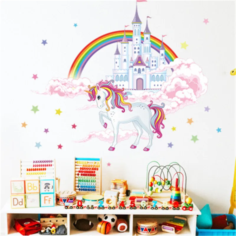 Colorful Rainbow Pink Princess Castle Unicorn Wall Sticker For Girls Kids Bedroom Unicorn Wall Decor Vinyl Mural Decals Muraux