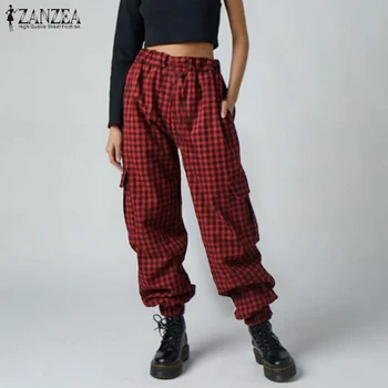 

ZANZEA Fashion Women Plaid Cargo Pants Summer Elastic Waist Trousers Streetwear Plus Size Joggers Pants Vintage Pantalon Turnip