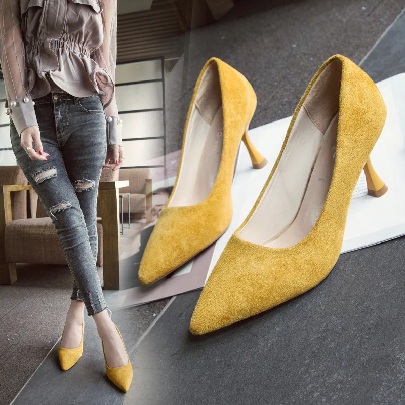 

Leisure Office Lady Women Basic Pumps Office Career Pointed Toe Flock Single Shoes Slip-On High Thin Heels Ladies Pumps