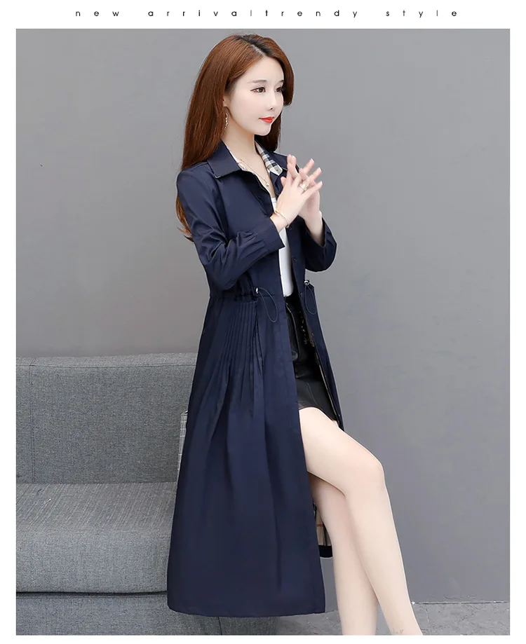 

2019 Autumn New Style WOMEN'S Dress Mid-length Trench Coat Solid Color Long Sleeve over-the-Knee Fold-down Collar Income Belt Sl
