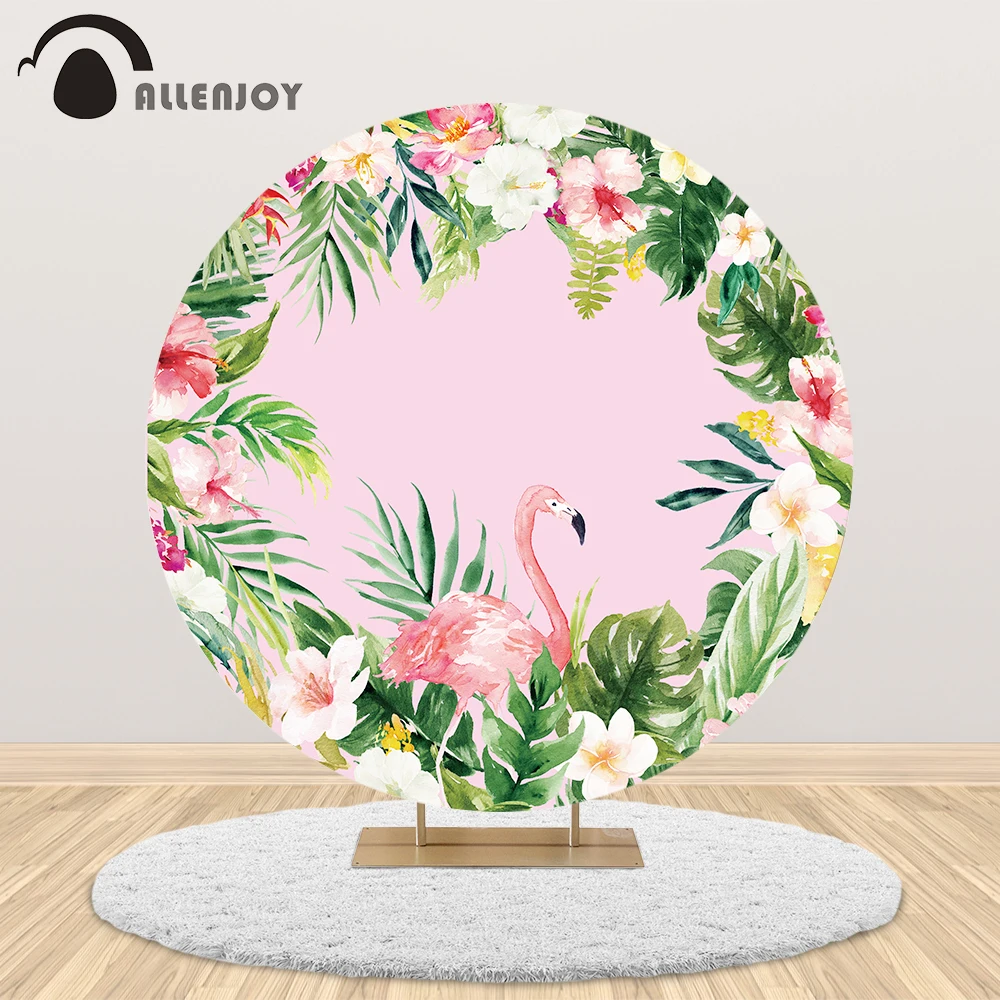 Allenjoy Pink Flamingo Birthday Party Round Background Kids Black Tropical Leaves Flower Circle Cover Personalizza Banner Photobooth