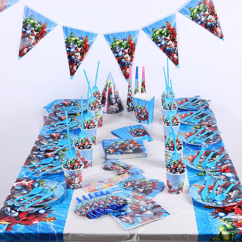 82 шт./компл. Мстители День рождения украшения посуда чашки пластин скатерть соломинки, вилки салфетка детский праздничный костюм принадлежности для маленьких мальчиков