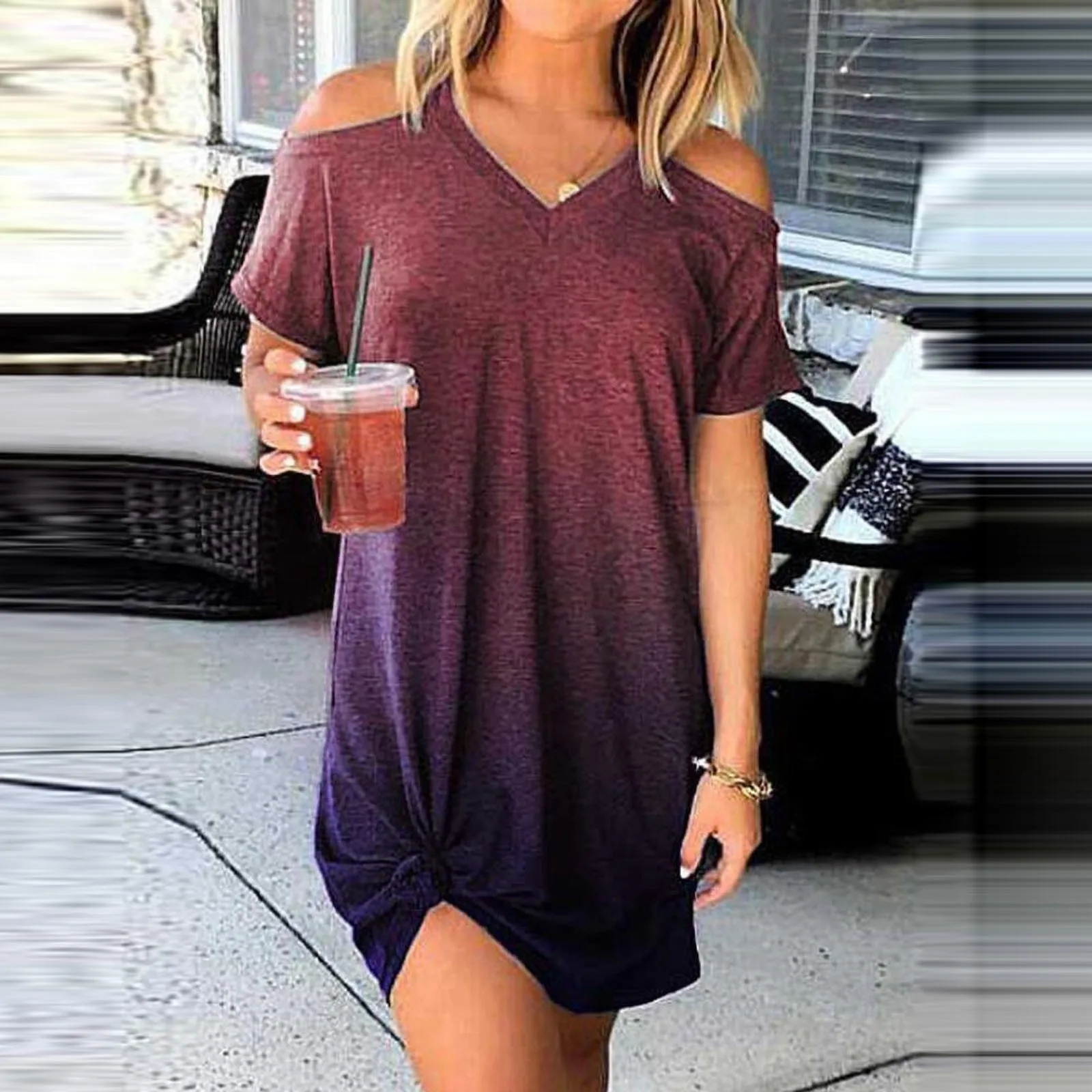 Dress Summer Fashion Loose Type Women Dress Gradient Color Strapless Short Sleeve V-neck  Casual  Ruffle Dress Mujer Vestido 1