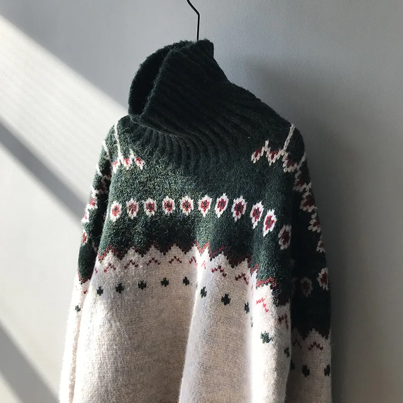 Harajuku Winter Women Sweater Turtleneck Long Sleeve Classic Pattern Thick Knitwear Pullover Femme Cosy Soft Sweaters Red