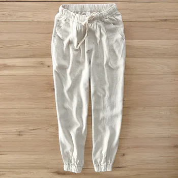 

Linen pants men's casual elastic cotton and linen pocket nine points pants thin section 2020 new