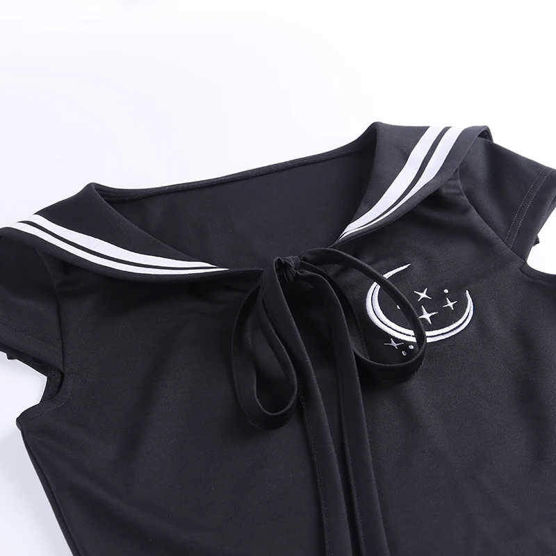 InsGoth черный короткий топ женские футболки готический панк облегающий Бандаж с коротким рукавом футболки женские с принтом Луны вырез лодочкой уличная