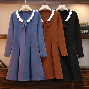 

Plus Size M-4XL 2020 Spring Autumn Women's Knitting Dress New Elegant Fashion Long Sleeve Black Blue Brown Sweater Mini Dresses