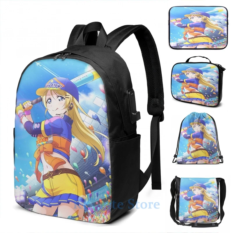 Забавный рюкзак с графическим принтом для бейсбола Eli Ayase (Idolized) USB-зарядкой