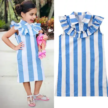 

Toddler Kids Girls Dress Sleeveless Clothes Princess Party Pageant Slim Dresses Adorable Baby Summer Ruffle Blue Striped Dresses