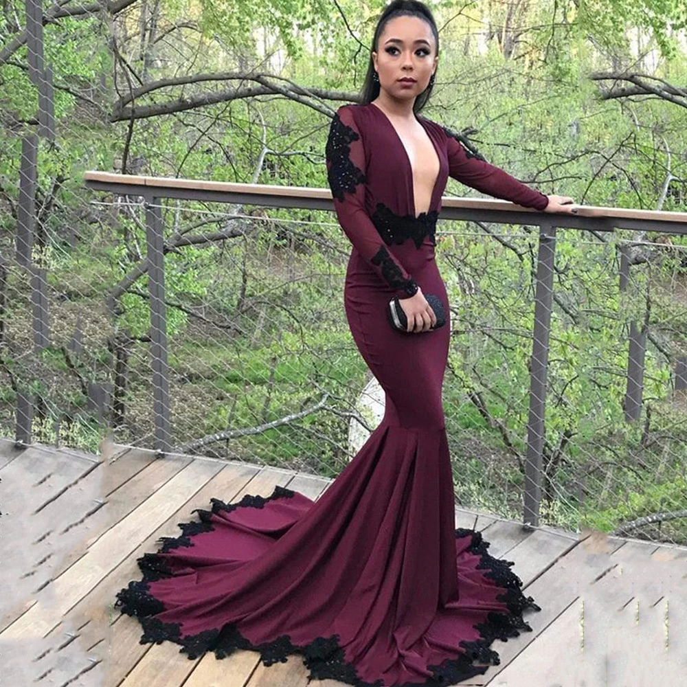 

Sevintage Mermaid Sexy Deep V Neck Evening Dresses Long Sleeve Lace Sequines Formal Dress Prom Gowns Robe De Soiree