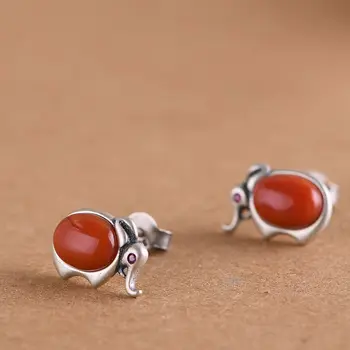 

FNJ Animal Elephant Earrings 925 Silver Original Pure S925 Sterling Silver Stud Earring Women Jewelry Red Agate Ruby