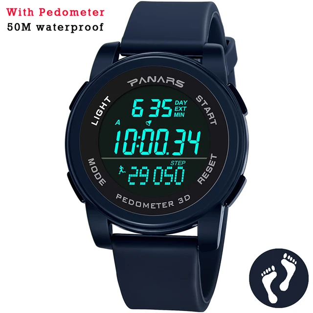 PANARS Mens Digital Watches Men's Sport Watch Dual Time Pedometer Alarm Clock 50M Waterproof Military Multifunction Reloj Hombre 8108 Blue