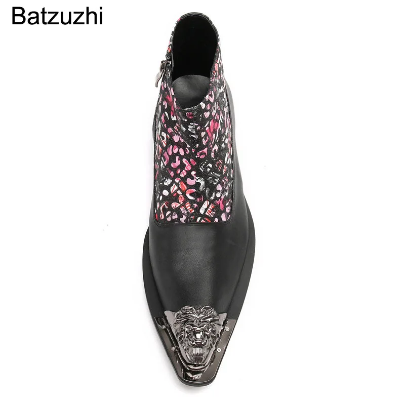Batzuzhi Fashion Personality Men's Ankle Boots Genuine Leather Pointed Metal Toe Zip Black Color Leather Motorcycle/Party Botas
