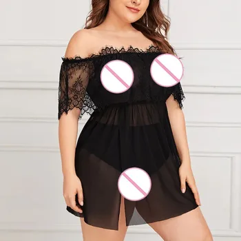 

Women Fashion Sheer Mesh Lingerie Off-Shoulder Plus Size Nightdress Perspective Lace charming nightgown seksi gecelikler #C