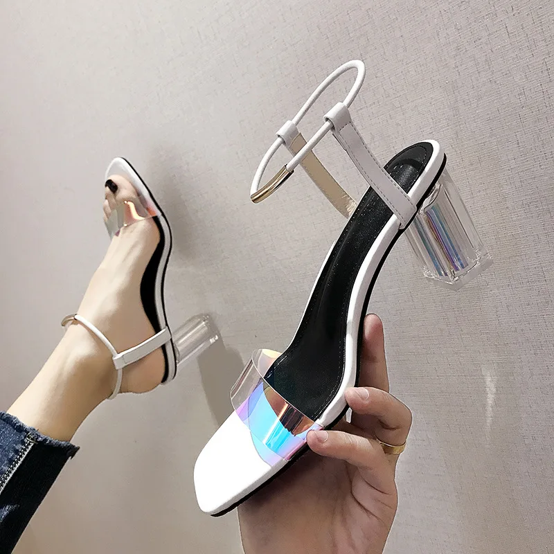 

936-3 A- line with Transparent Sandals WOMEN'S High-heeled Shoes Chunky-Heel Square Head Fairy-Style 2019 New Style Versitile Fa