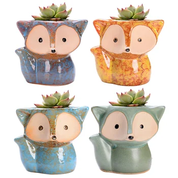 

4PCS Fox Style Ceramic Flower Pot Mini Succulent Plant Flower Pot Straight Round Potting Pot Household Flower Container without