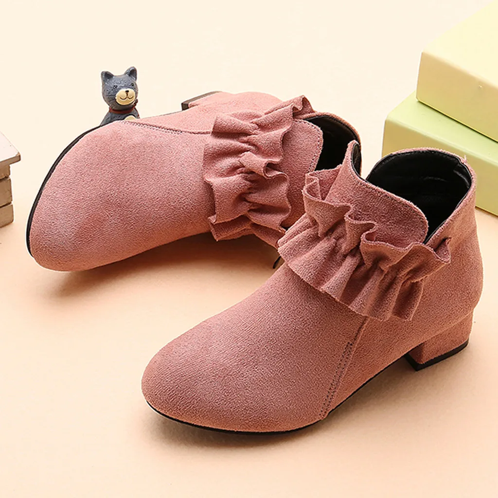 Зимние Детские ботильоны; детская обувь для маленьких девочек; ботинки принцессы с кружевом в Корейском стиле; теплая однотонная Повседневная обувь; ботинки для девочек
