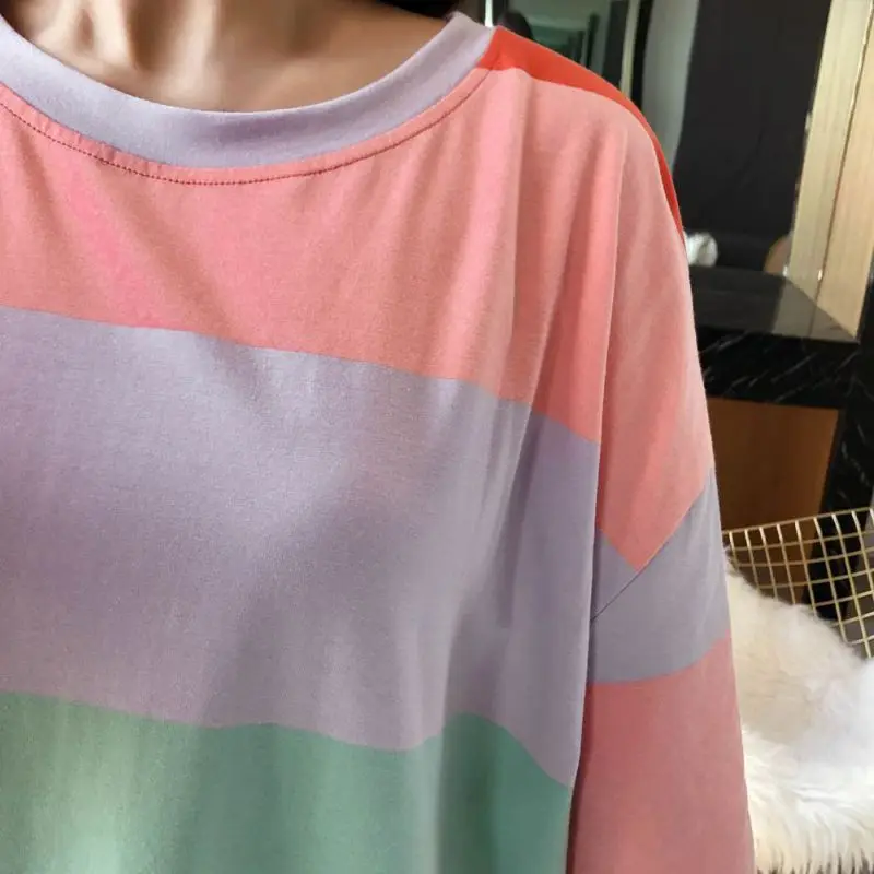 2019 Autumn Winter Ladies Rainbow Striped Loose Long Nightdress Home O Collar Long-sleeved Nightdress