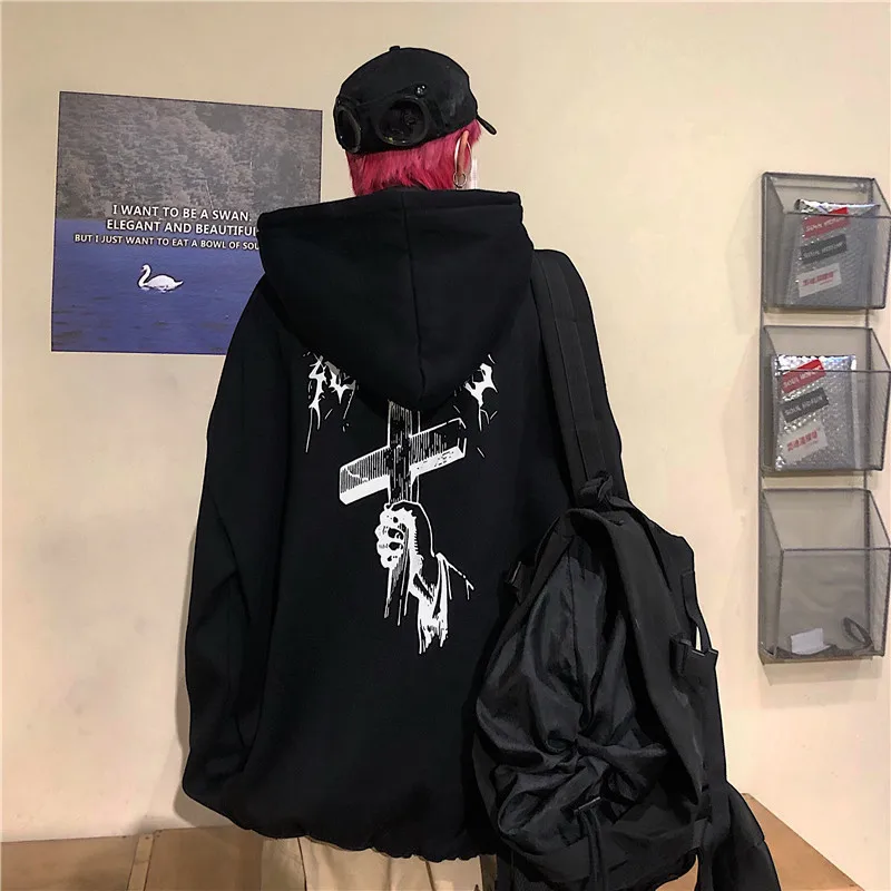 Lychee Harajuku повседневные свободные женские флисовые толстовки Темный крест буквы Женские флисовые толстовки с капюшоном осенние зимние женские топы