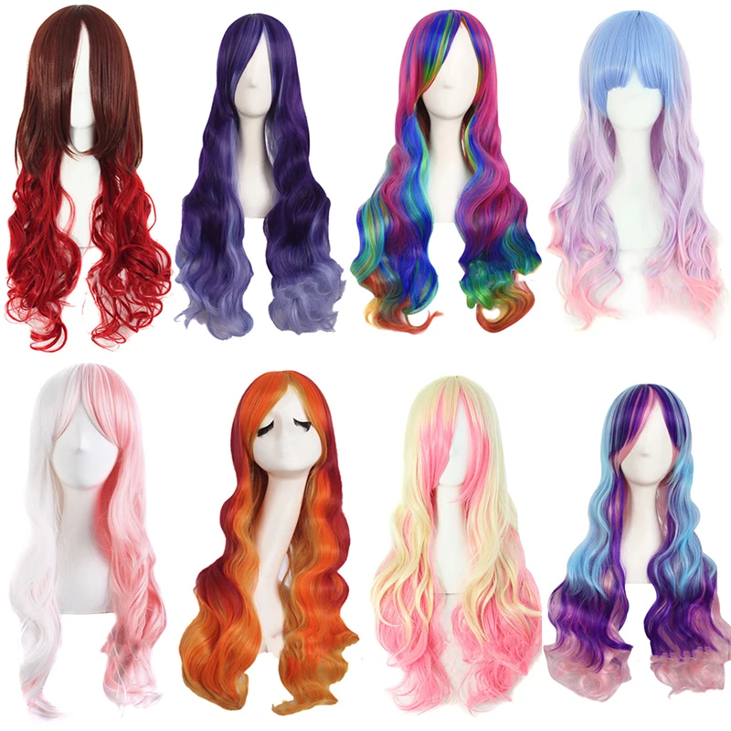 

MANWEI Long Wavy Synthetic Wig for Women Pink Wave Wigs Omber Red and Black Hair Cosplay Wigs