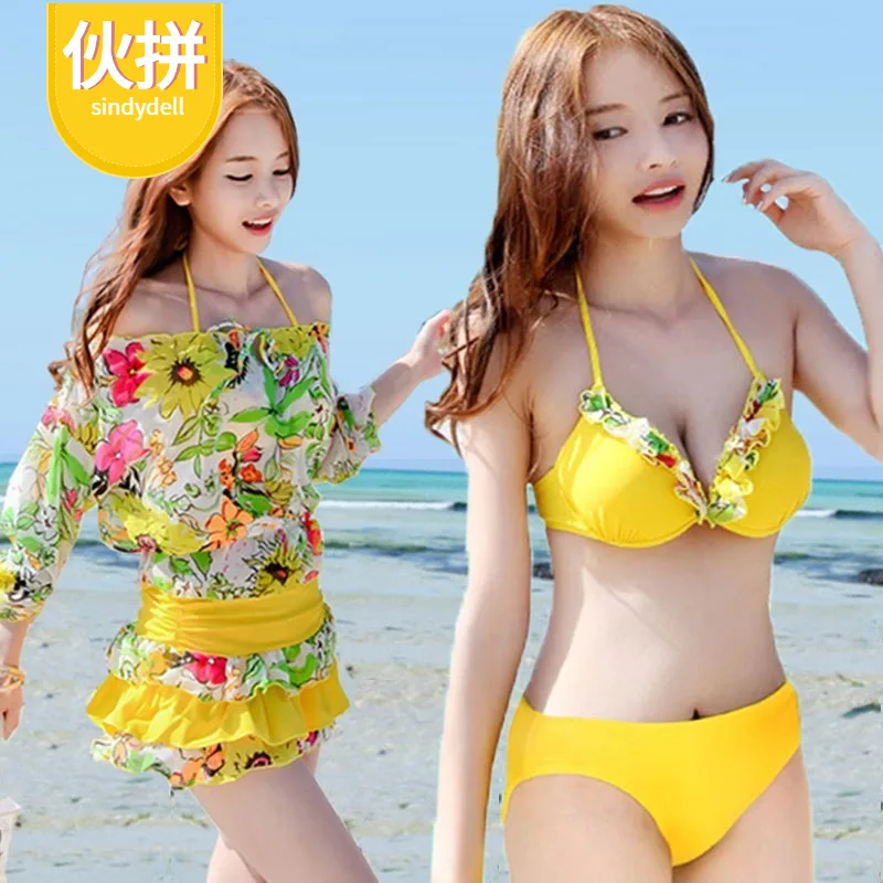 

Hot Springs Bathing Suit Women's 2018 New Style Pieces Four Conservative Sexy Small Bust Gathering Belly Covering Bikini Immorta