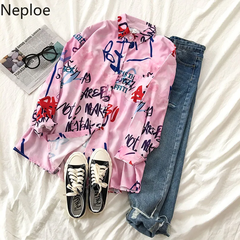 Neploe Harajuku уличная блузка, отложной воротник, длинный рукав, граффити, Женский Топ, Ретро стиль, свободная, с одной грудью, Весенняя рубашка 48400