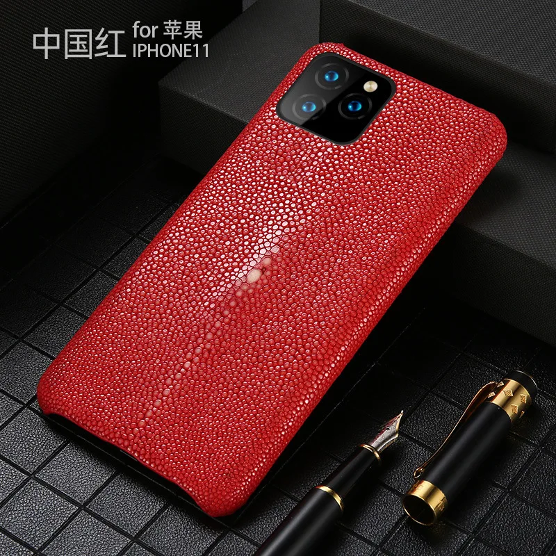 Red Чехол из натуральной кожи ската для Iphone 11 Pro Max, кожаный чехол ручной работы, роскошная задняя крышка для Iphone Xs Max Xr X 11 8 7 6 6S Plus - Цвет: Red