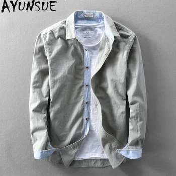 

AYUNSUE Men's Shirt Spring Summer White 100% Cotton Shirt Long Sleeve Casual Shirts for Men Vintage Clothes Chemise Homme KJ4666