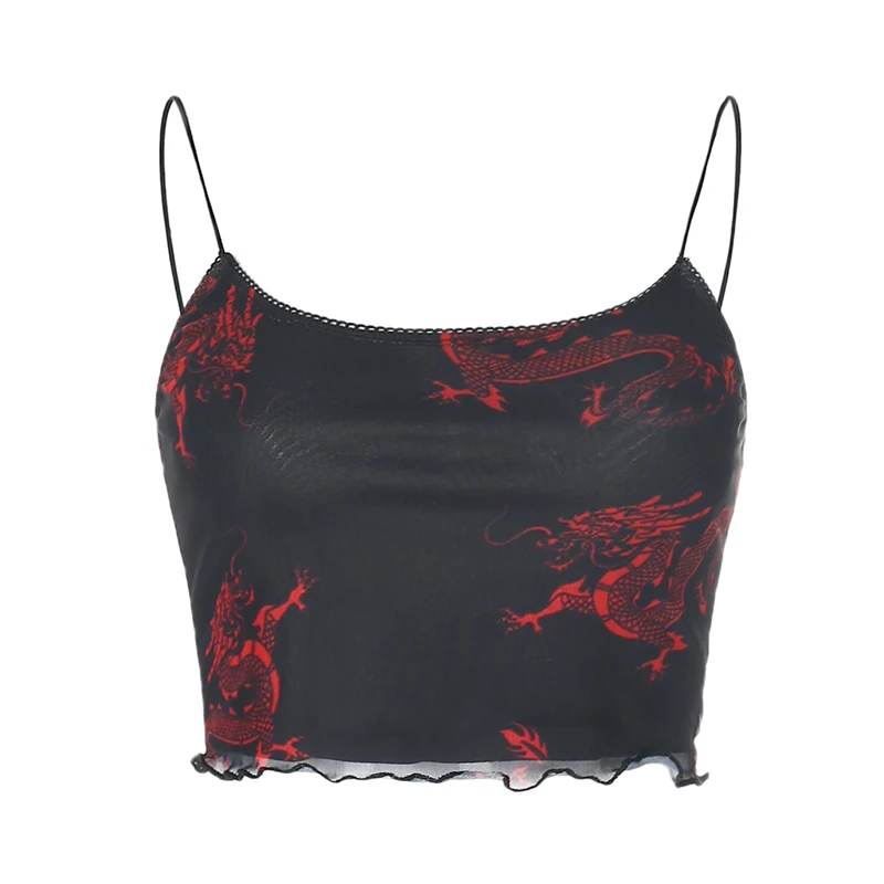 Darlingaga Chinese Style Dragon Print Summer Two Piece Set Women Mesh Sexy Matching Sets Strap Crop Top and Mini Skirt Suit 2020