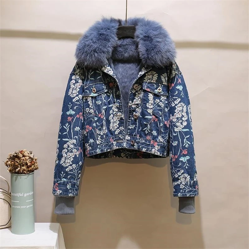 

Short Embroidery Floral Jeans Coat Winter New Warm Loose Natural Fox Fur Collar Real Rabbit Fur Liner Denim Parka Women