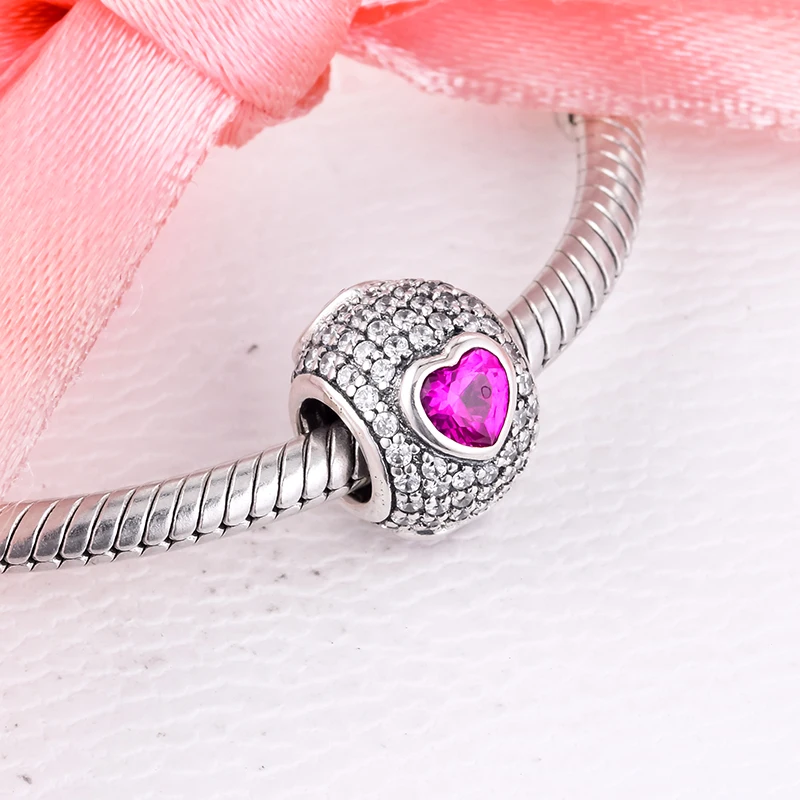 

DIY Fits For CKK Braclets Heart Pave Charms with Clear and Pink Cubic Zirconia 100% 925 Sterling Silver Beads Free Shipping