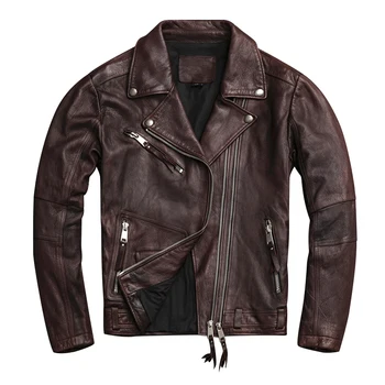 

2020 Dark Brown Men Motorcycle Jacket Large Size XXXXL Genuine Sheepskin Slim Fit Autumn Biker's Leather Coat