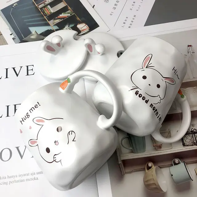 VIP link 1 ceramics mug with 3D cartoon ,stereo cup cover and radish Spoon  Coffee Mug Creative Cute Couple Cup for girl gifts