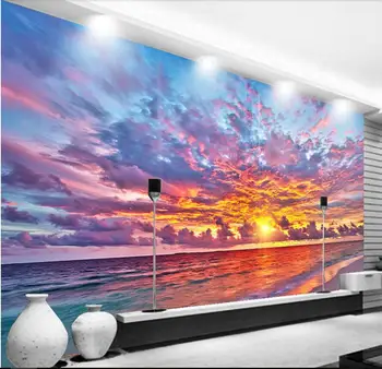 

CJSIR Sunset Fire Burns Beautiful TV Background Wall Custom Large Mural Green Silk Wallpaper Papel De Parede Para Quarto